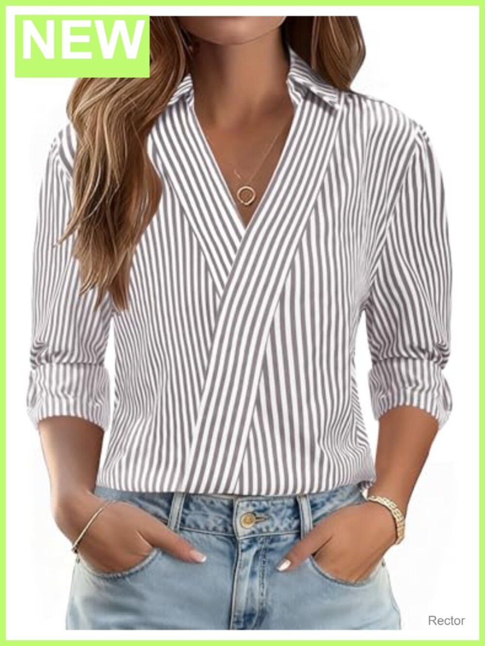 Dressy V Neck Collared 3/4 Sleeve Blouse Women's Business Casual Top